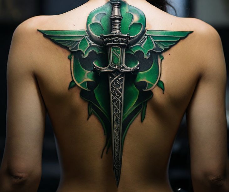 tattoo dagger color green on her back