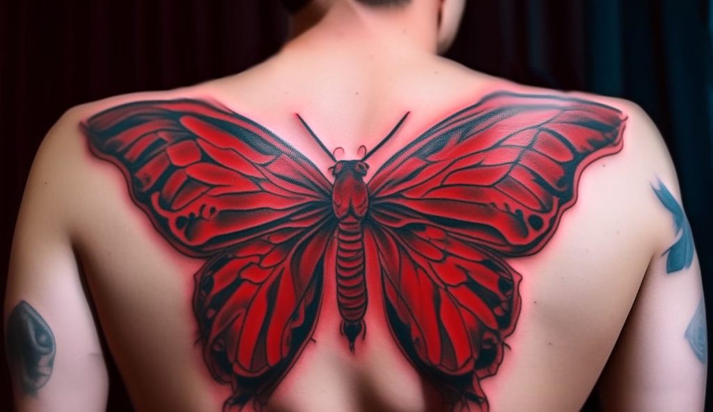 Red butterfly tattoo on his back